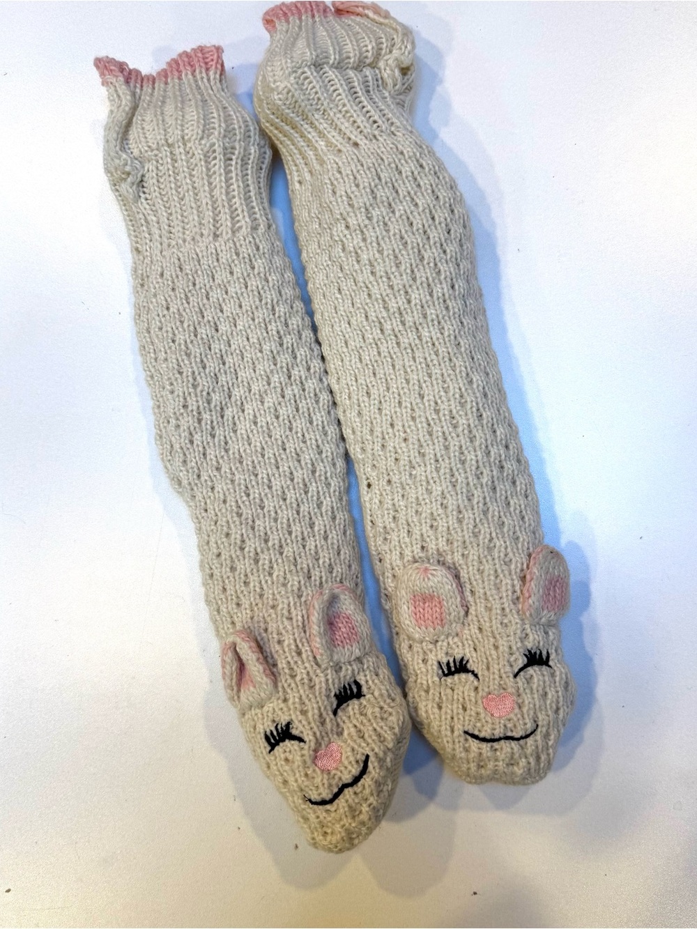 Jane and Bleecker Cream Knee-High Socks with Pink Animal Faces